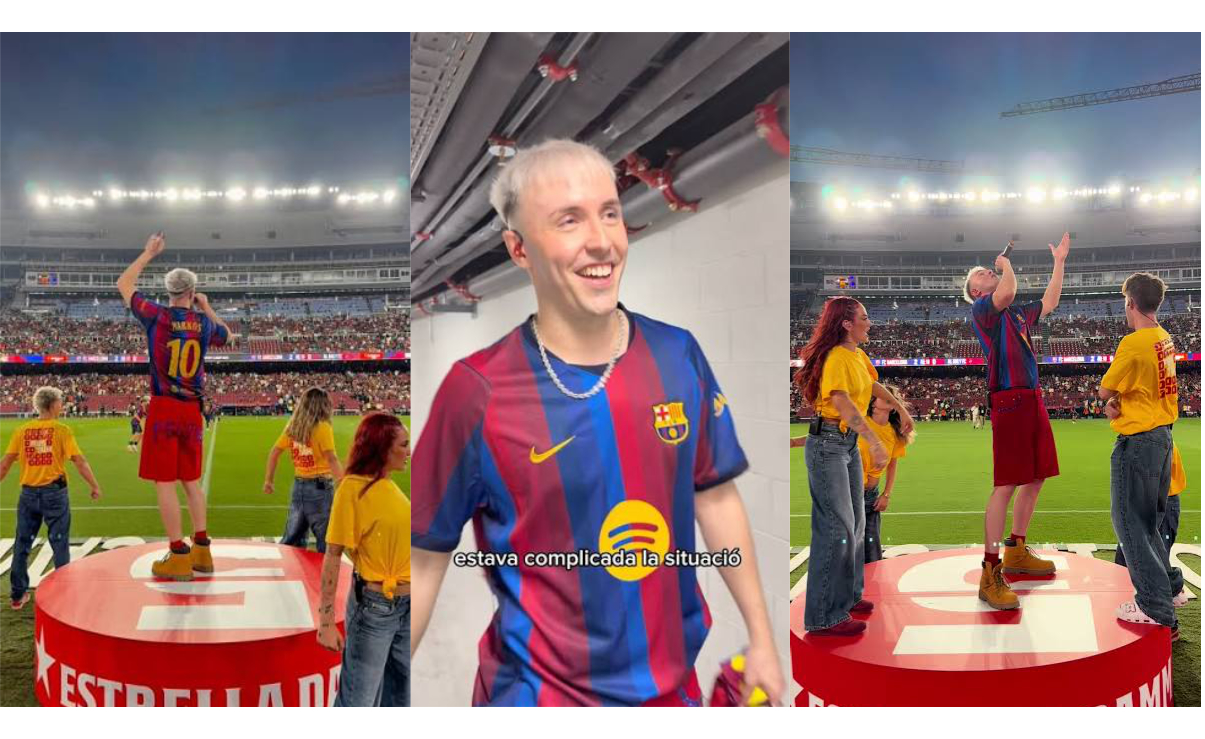 Markos amb la samarreta del Barça, dalt del pedestal al Camp Nou